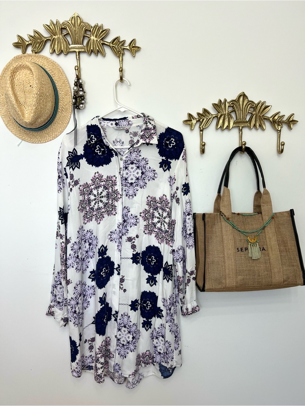 Effortless Floral Button-Front Tunic Dress Navy &
Lavender  Xl ptp 25” l 36”